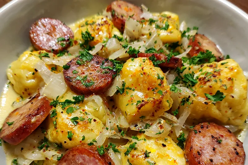 Fresh ingredients for Cheesy Sausage Dumpling Bake
