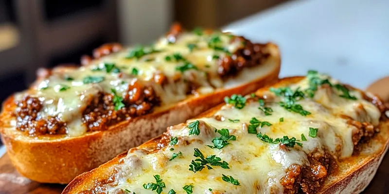 A close-up of Cheesy Sloppy Joe Delight served on a toasted bun, topped with melted cheddar cheese and garnished with fresh herbs.