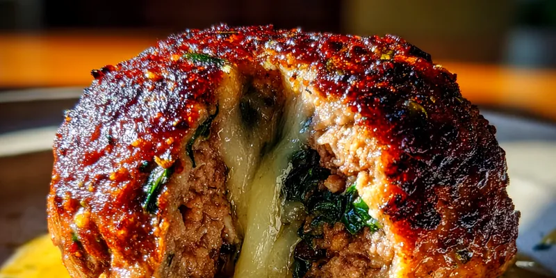 Golden brown Cheesy Spinach-Stuffed Meatballs served on a plate with marinara sauce