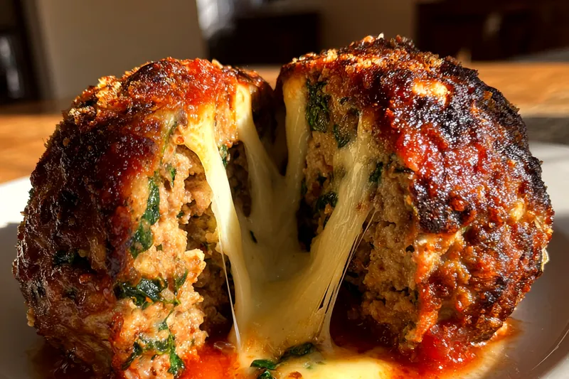 A variety of fresh ingredients displayed for Cheesy Spinach-Stuffed Meatballs, including spinach, cheese, and ground beef.