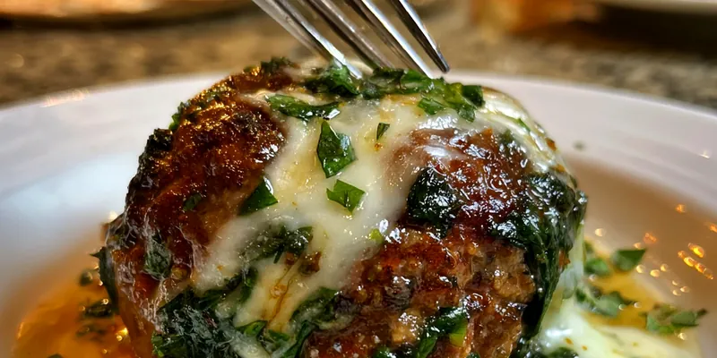 A plate of Cheesy Spinach Stuffed Meatballs served with marinara sauce and a sprinkle of parsley