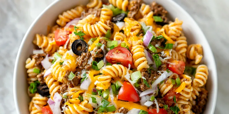 A delicious bowl of Cheesy Taco Pasta Salad topped with fresh ingredients