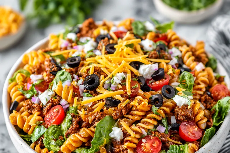 Fresh ingredients for Cheesy Taco Pasta Salad in a bowl