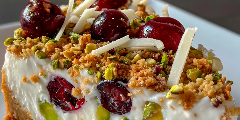 Delicious Cherry Pistachio Cheesecake Delight served on a plate