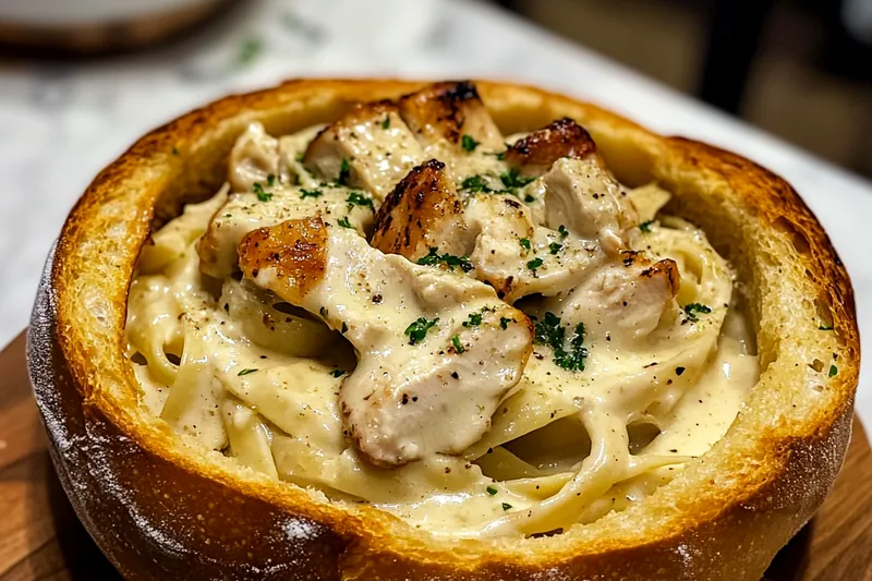 Chef Mitchell skillfully stirring the creamy Alfredo sauce in a skillet, ready to be served in bread bowls.