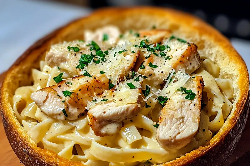A colorful array of ingredients including chicken, cream, garlic, and fresh bread for Creamy Chicken Alfredo.
