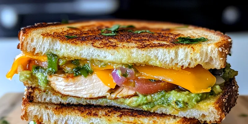 A beautifully plated Delicious Chicken Avocado Sandwich with vibrant colors and fresh ingredients.