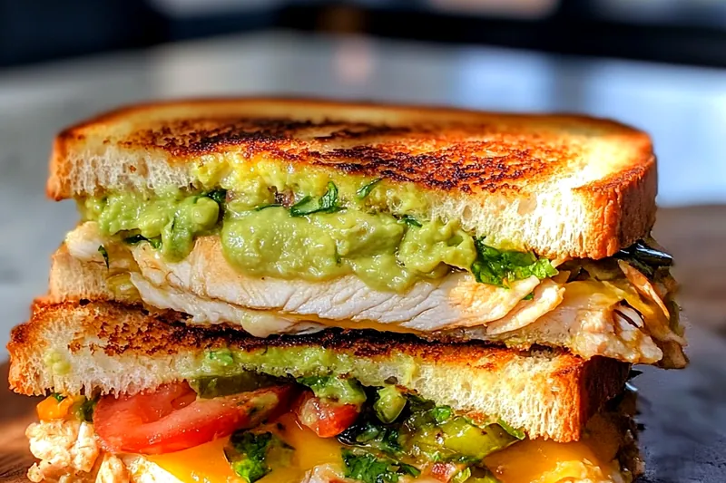Colorful display of fresh ingredients for Delicious Chicken Avocado Sandwich including chicken, avocados, and vegetables.