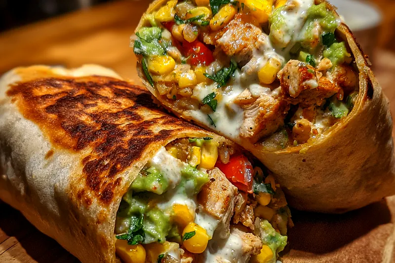 An attractive display of fresh ingredients for Chicken Avocado Wraps, including chicken, avocados, and colorful vegetables.