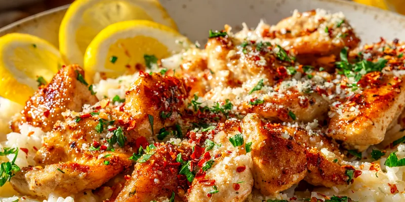 Delicious Chicken Scampi with Creamy Garlic Parmesan Rice on a plate