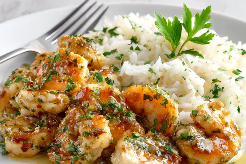 Cooking process of Chicken Scampi in a skillet.
