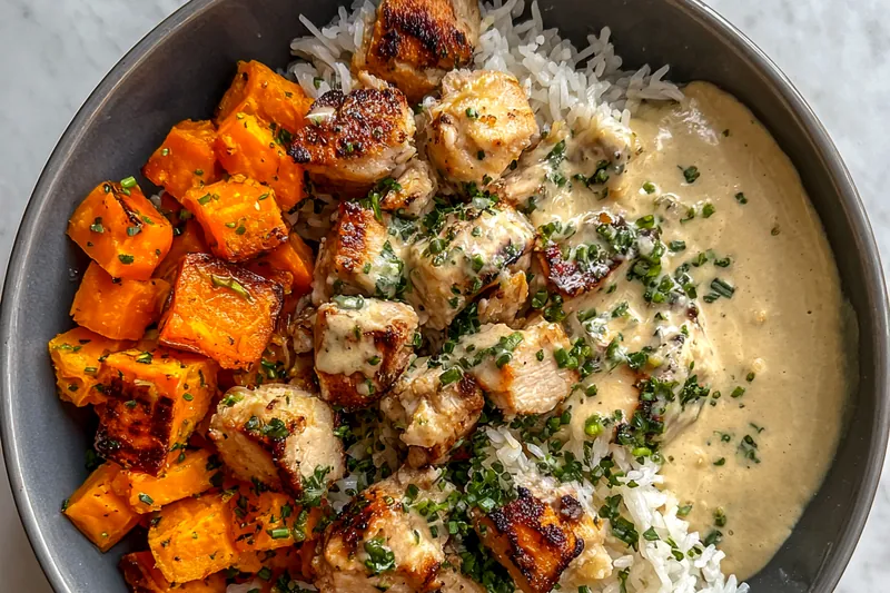 A step-by-step cooking process showing the preparation of Savory Chicken Sweet Potato Bowl with colorful ingredients in a skillet.