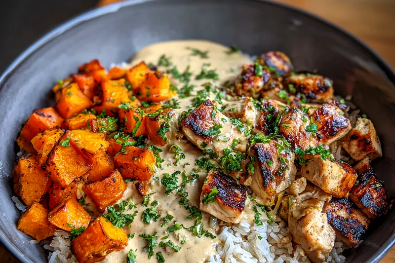 A beautifully arranged display of fresh ingredients for Savory Chicken Sweet Potato Bowl, showcasing sweet potatoes, chicken, and vibrant vegetables.