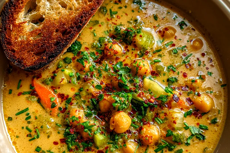 A chef stirring the creamy chickpea vegetable delight in a skillet on the stovetop, showcasing the cooking process.