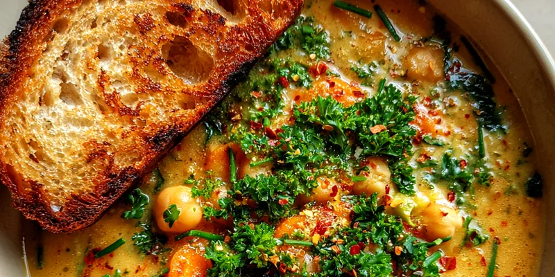 A vibrant bowl of Creamy Chickpea Vegetable Delight garnished with fresh cilantro, served over quinoa.