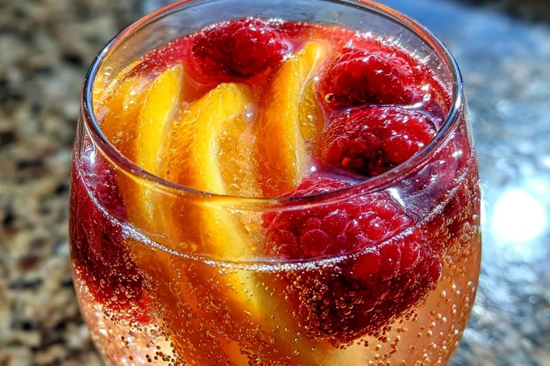 Pouring Peach and Raspberry Sangria into a glass filled with ice.