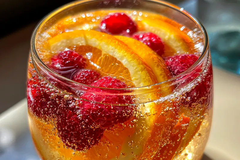 Colorful arrangement of peaches and raspberries with a bottle of white wine.