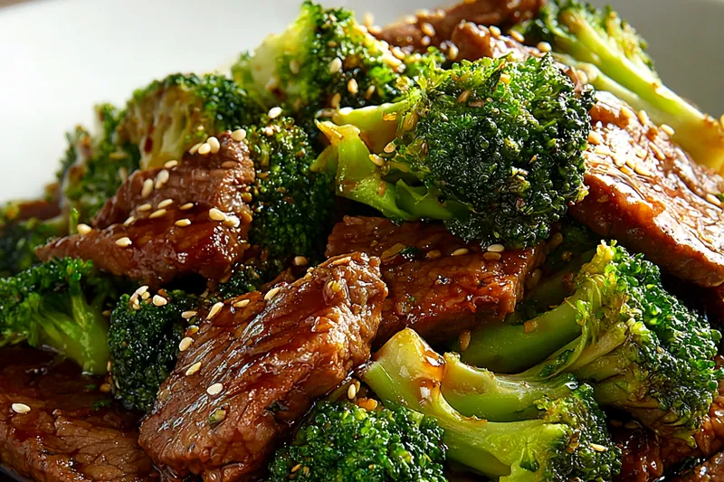 Stir-frying beef and broccoli in a wok