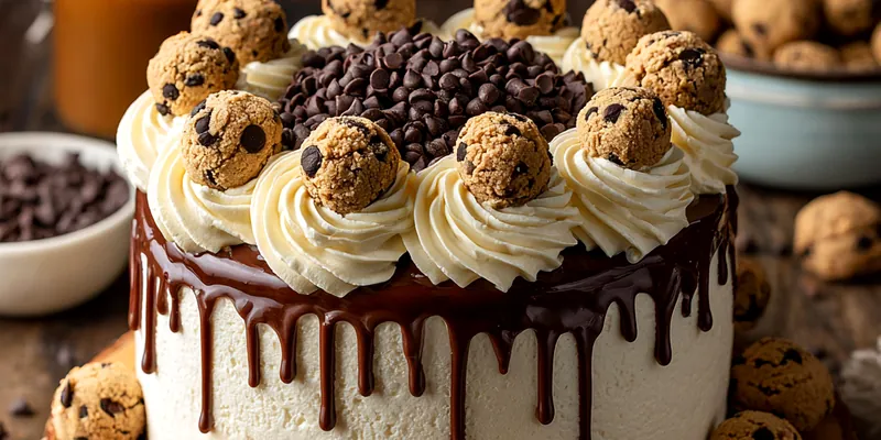 Delicious Chocolate Chip Cookie Dough Cake served on a plate