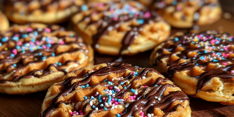 Delicious Chocolate Drizzled Waffle Bites served on a plate