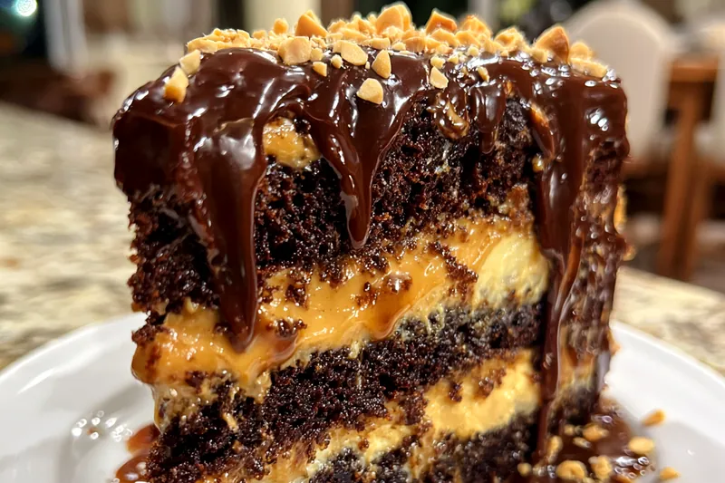 Chef Mitchell pouring the batter into a baking pan, ready to bake the Decadent Peanut Butter Cake.