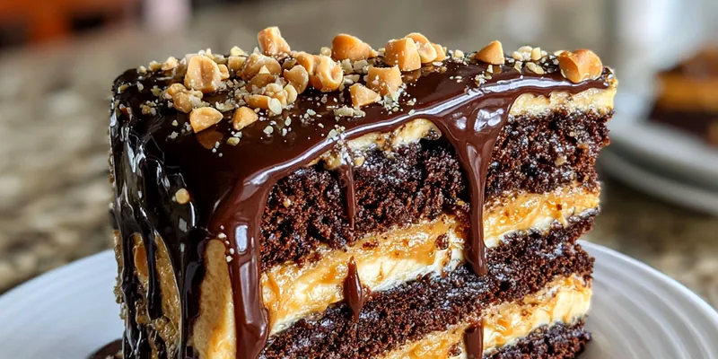 A beautifully decorated Decadent Peanut Butter Cake showcasing its luscious frosting and chocolate chips.