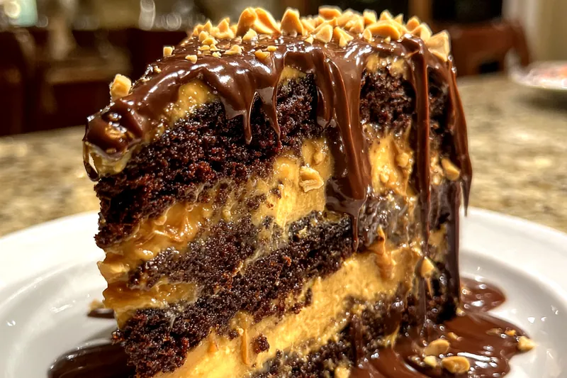 A beautiful arrangement of ingredients for Decadent Peanut Butter Cake including peanut butter, eggs, and chocolate chips.