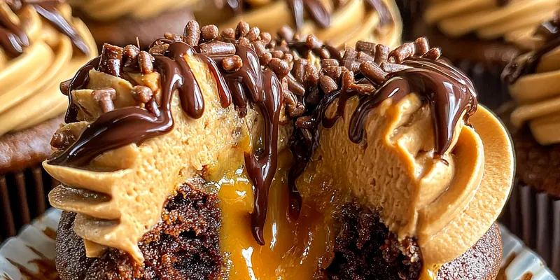 Delicious Indulgent Chocolate Peanut Butter Cupcakes served on a plate
