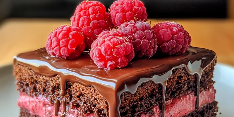 A beautifully decorated Decadent Chocolate Raspberry Cake, showcasing layers of rich chocolate and fresh raspberries.