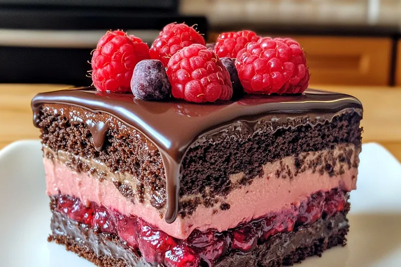 A collection of ingredients for Decadent Chocolate Raspberry Cake, including flour, cocoa powder, and fresh raspberries.