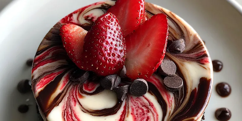 Delicious Chocolate Strawberry Swirl Cheesecake served on a plate