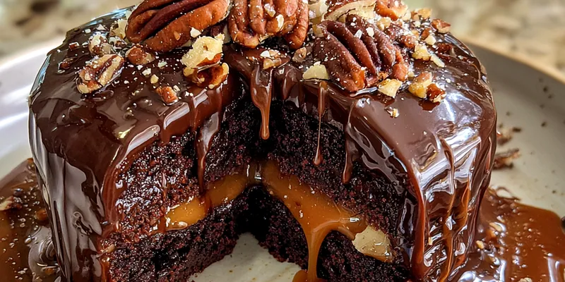 A beautifully decorated Chocolate Turtle Cake topped with caramel and pecans.