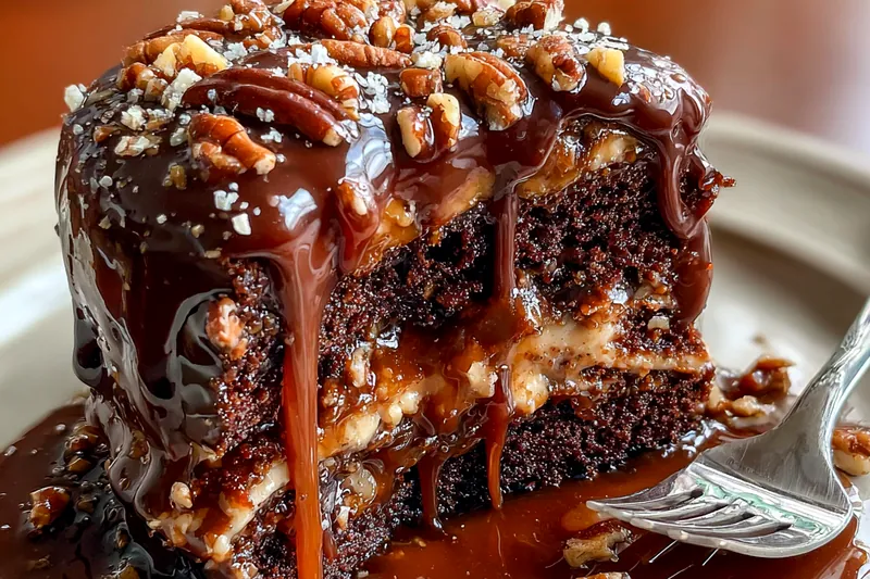 Ingredients for Chocolate Turtle Cake including flour, cocoa, sugar, eggs, and more.