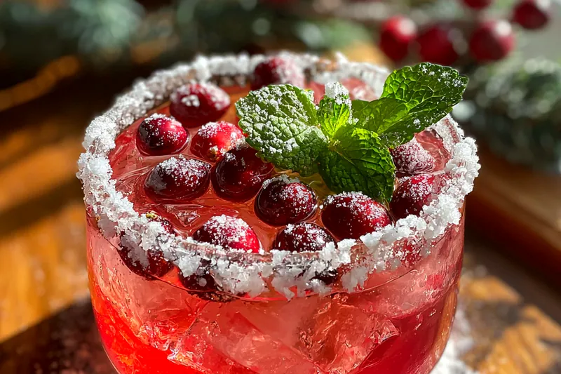 Mixing the ingredients for Festive Mistletoe Margarita in a cocktail shaker.
