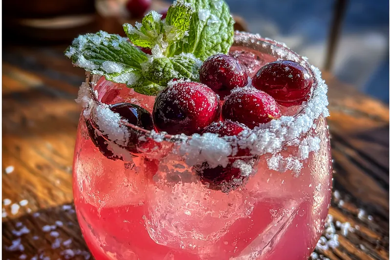 A vibrant assortment of ingredients for making Festive Mistletoe Margarita, including tequila, lime, and cranberries.