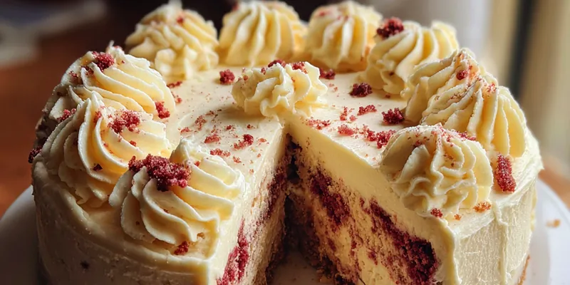 A slice of Christmas Red Velvet Cheesecake on a festive plate.