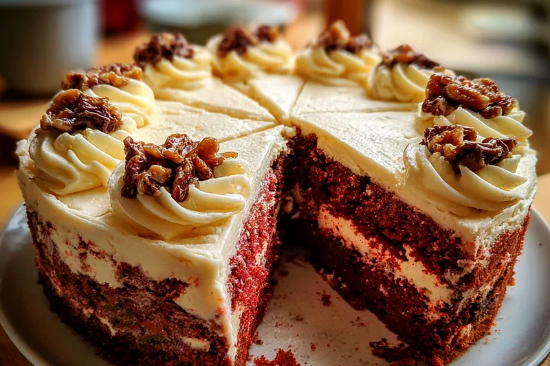 Ingredients for Red Velvet Cheesecake on a wooden table.