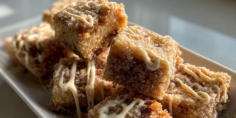 Golden churro cheesecake bars stacked on a white plate, coated in cinnamon sugar with sweet vanilla drizzle