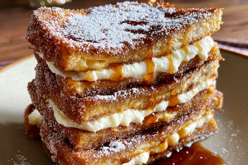 A skillet with golden-brown Churro French Toast Delight being cooked to perfection.