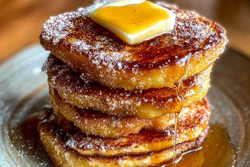 Cooking Churro Pancake Delight on a skillet, with golden pancakes sizzling and cinnamon sugar ready for coating.