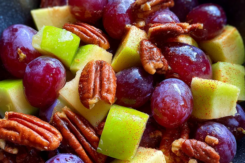 The process of mixing the creamy cinnamon dressing for the grape salad.