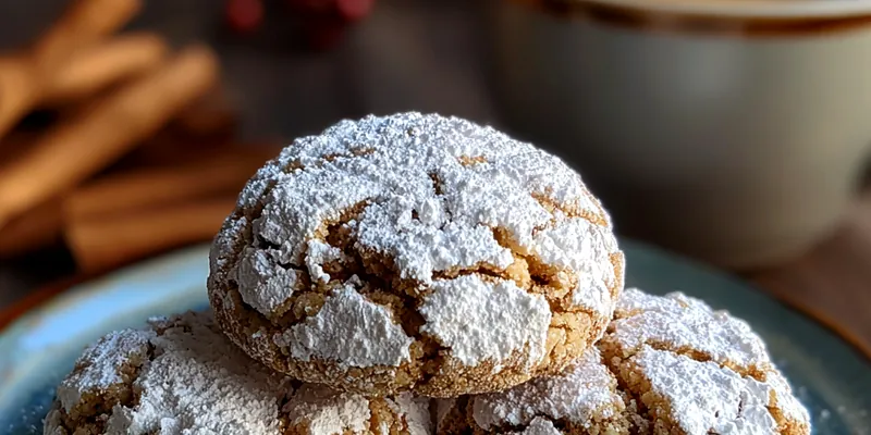 A plate of warm Delicious Cinnamon Coffee Crinkles dusted with powdered sugar, inviting and delicious.
