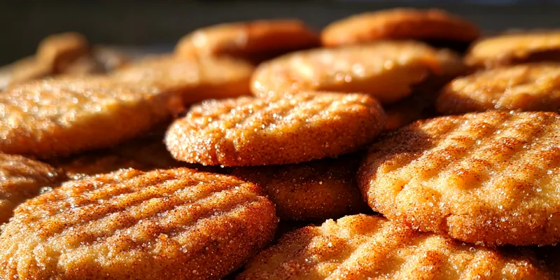 Golden-brown buttery shortbread cookies with classic fork crosshatch pattern, dusted with sugar and arranged on parchment paper