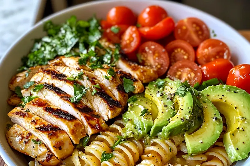 Fresh ingredients laid out for Hearty Cobb Pasta Salad, including pasta, vegetables, and proteins.