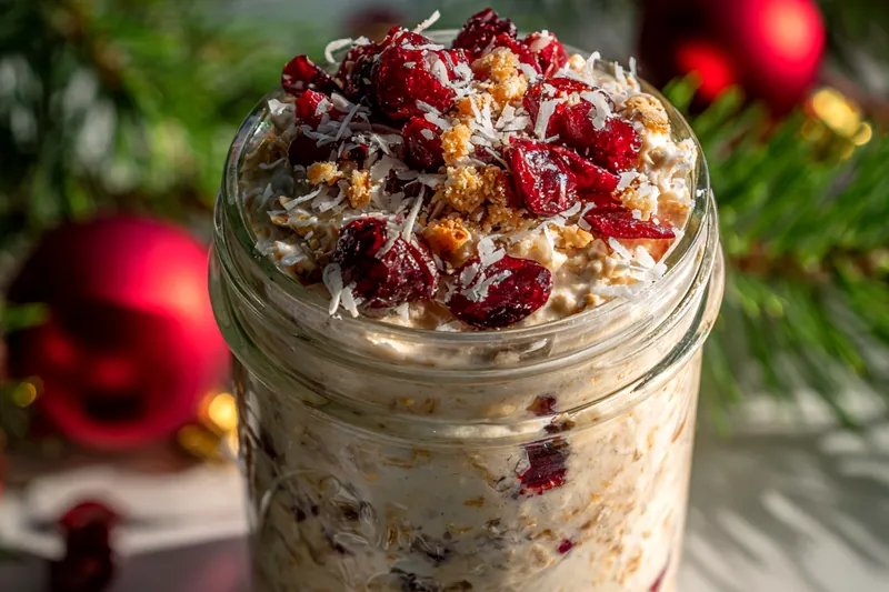 A step-by-step visual guide showcasing the preparation of Coconut Cranberry Overnight Oats, highlighting each ingredient.