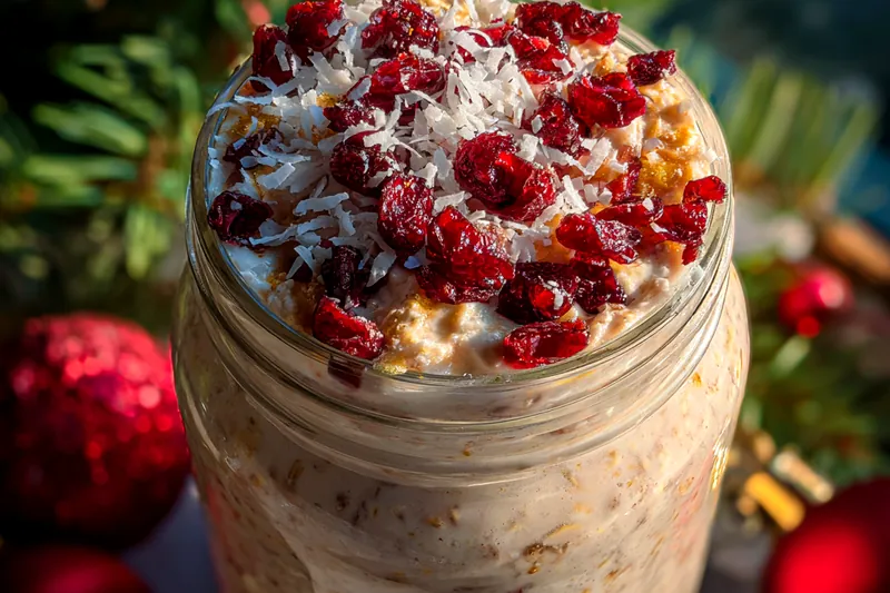 A neatly arranged display of ingredients for Coconut Cranberry Overnight Oats, showcasing rolled oats, coconut milk, cranberries, and yogurt.