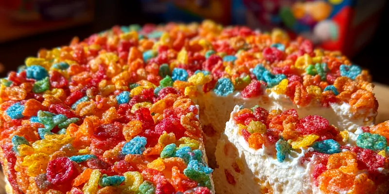 Delicious Colorful Cereal Cheesecake Delight served on a plate