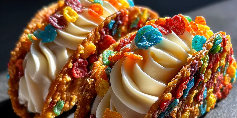 Delicious Colorful Cereal Cream Tacos served on a plate