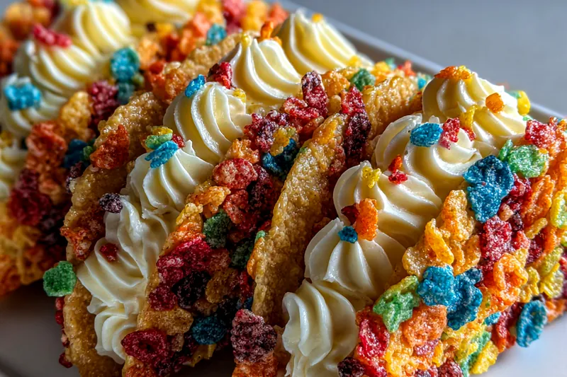 Fresh ingredients for Colorful Cereal Dessert Tacos