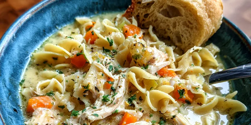 A bowl of Comforting Chicken Soup surrounded by fresh ingredients like carrots, garlic, and parsley.